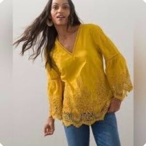 Chico's Yellow Embroidered Lace Cutout Blouse with Elegant Design